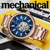 Relógio Rose Gold à Prova d'Água Luminoso Simples Estilo Executivo Totalmente Automático Mecânico Masculino Mostrador Esqueleto Pulseira de Aço