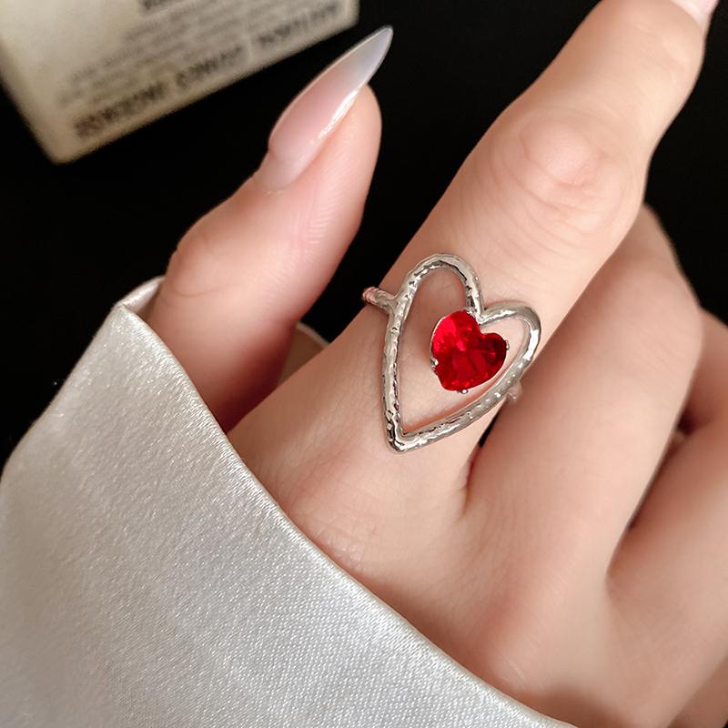 Red Zircon Smooth Heart-Shaped Open Ring Simple  Finger Rings Jewelry For Women