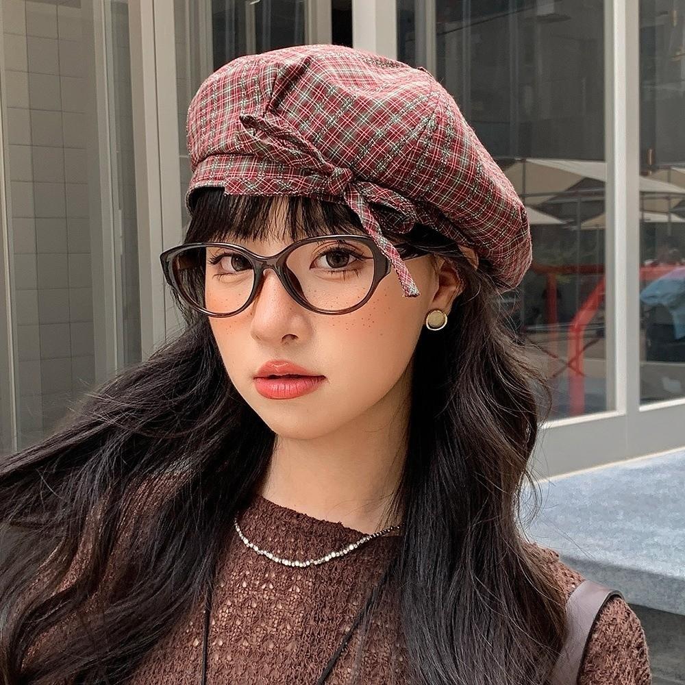 Korean Style Plaid Beret Hat Bow Women Octagonal Cap Cool Women Painter Hat  Outdoor