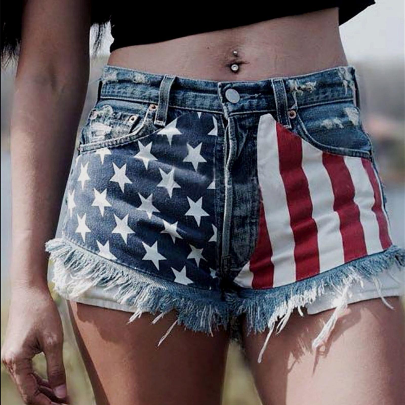 

Women s Denim Shorts with Fringe Hem and Star Stripe Print High Waist Casual Summer Jean Shorts for Outdoor Activities S синій