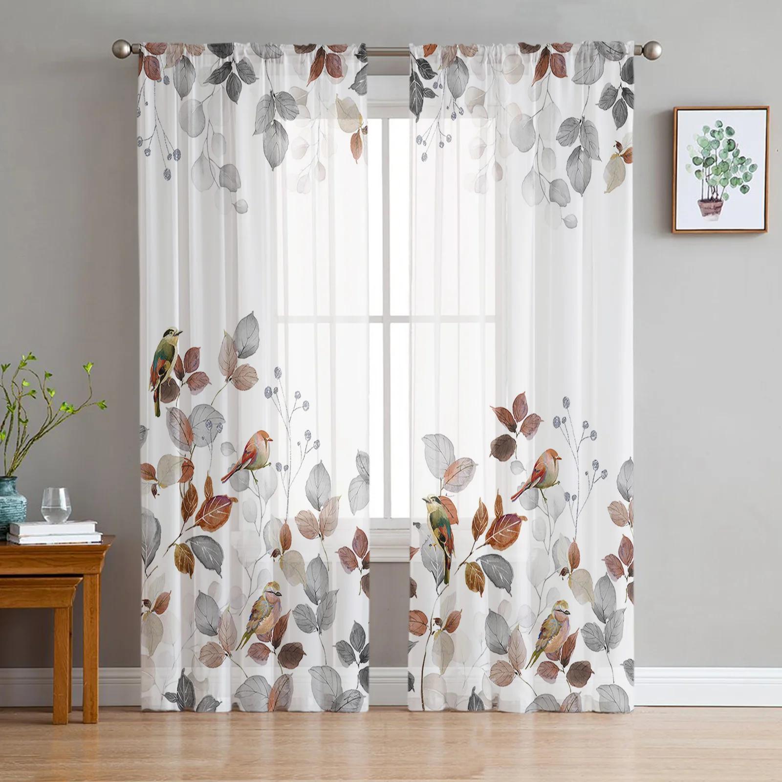 

Сільський стиль Листя Робін Прозорі штори для спальні Вітальня Прикраса Віконна штора Кухня Тюль Вуаль Штори з органзи W135 x H115cm x1&Rod Pocket