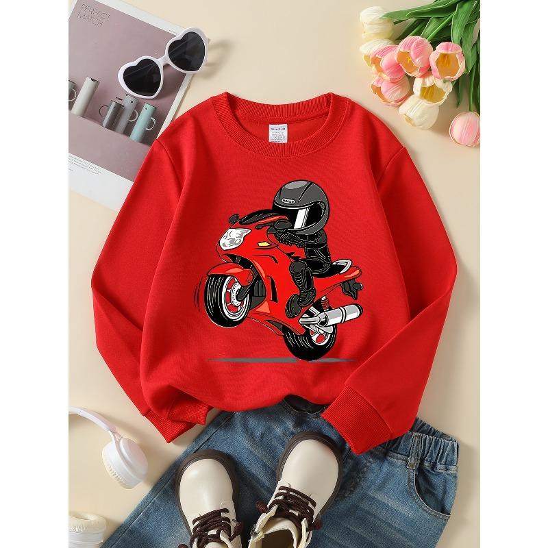 Red Motorcycle Rider Helmet Sport Bike Girls' Crew Neck Fashion Sweatshirt, Autumn and Winter Western Style Top, Children's Long Sleeved T-shirt