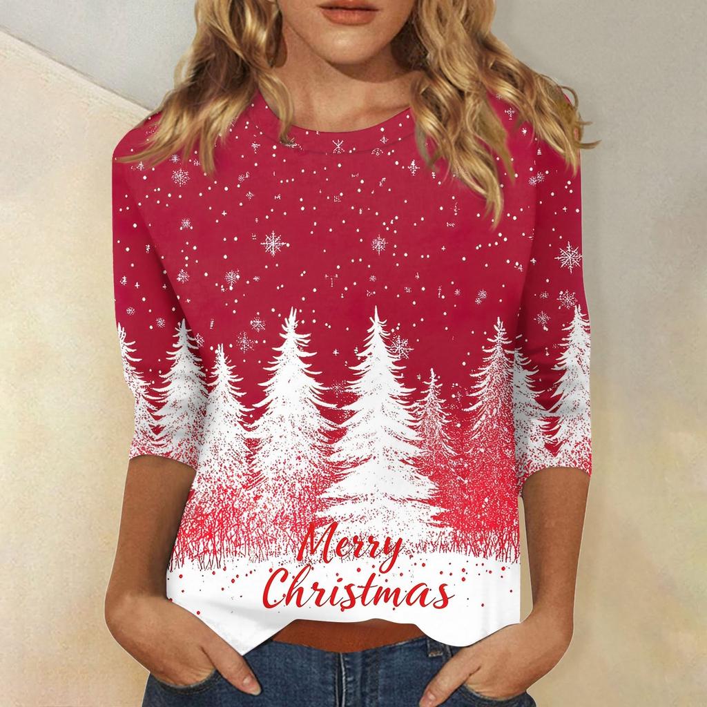 Women's Fashionable Casual Three Quarter Sleeve Christmas Printed Collar Pullover Top