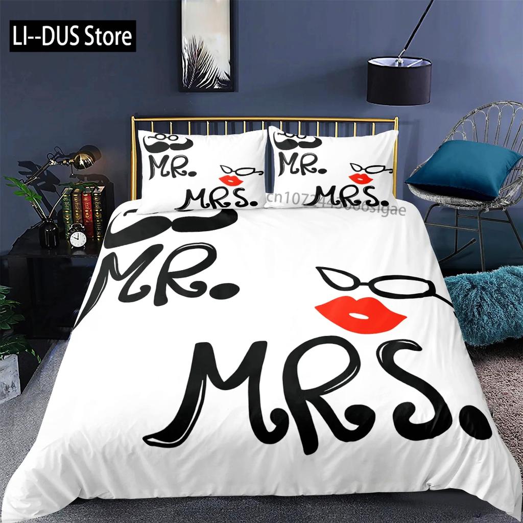 Black and White Duvet Cover Queen/King/Full Size Mr and Mrs Bedding Set 3Pieces Soft Microfiber Couple Romantic Comforter Cover
