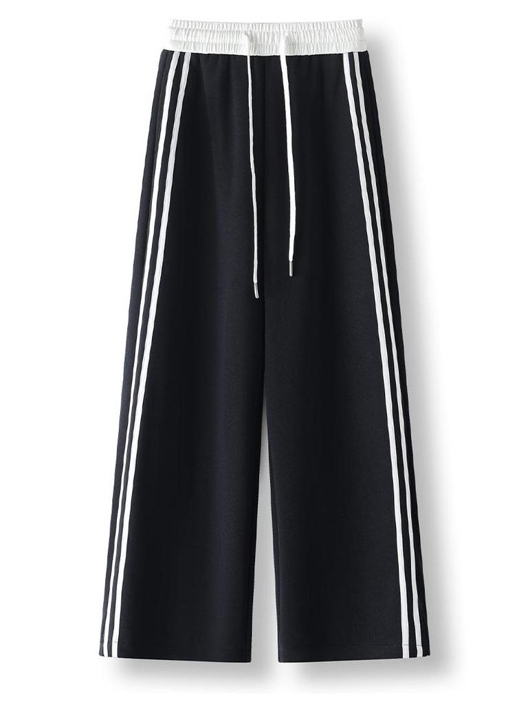 Women's Street-Style High-Waisted Wide-Leg Pants - 2026 Spring College Style, Age-Reducing, Drape, Straight-Leg Sweatpants