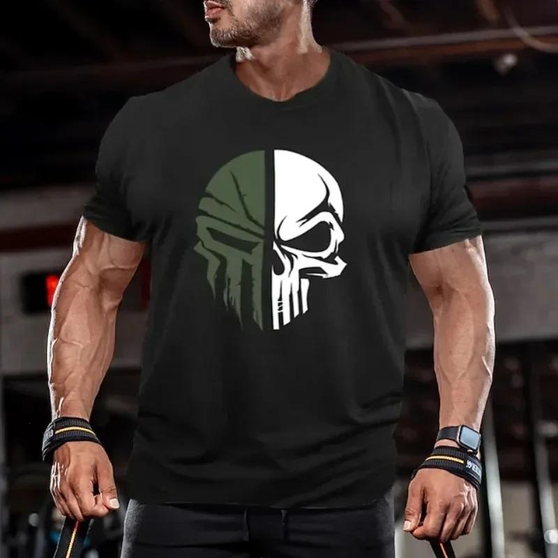 Summer Men's 100% Pure Cotton Skull Print Round Neck T-shirt Plus Size Fitness Sports Outdoor Adult Short Sleeved Shirt