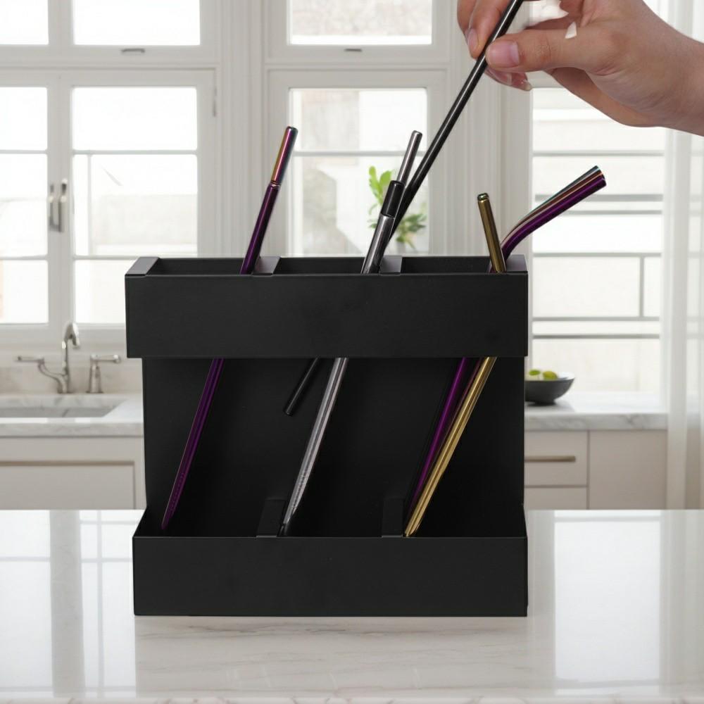 YH018-1 3 Slots Metal Straw Dispenser Organizer Rack Space Saving Kitchen Storage Shelf (Without Soft Magnetic Sheet)