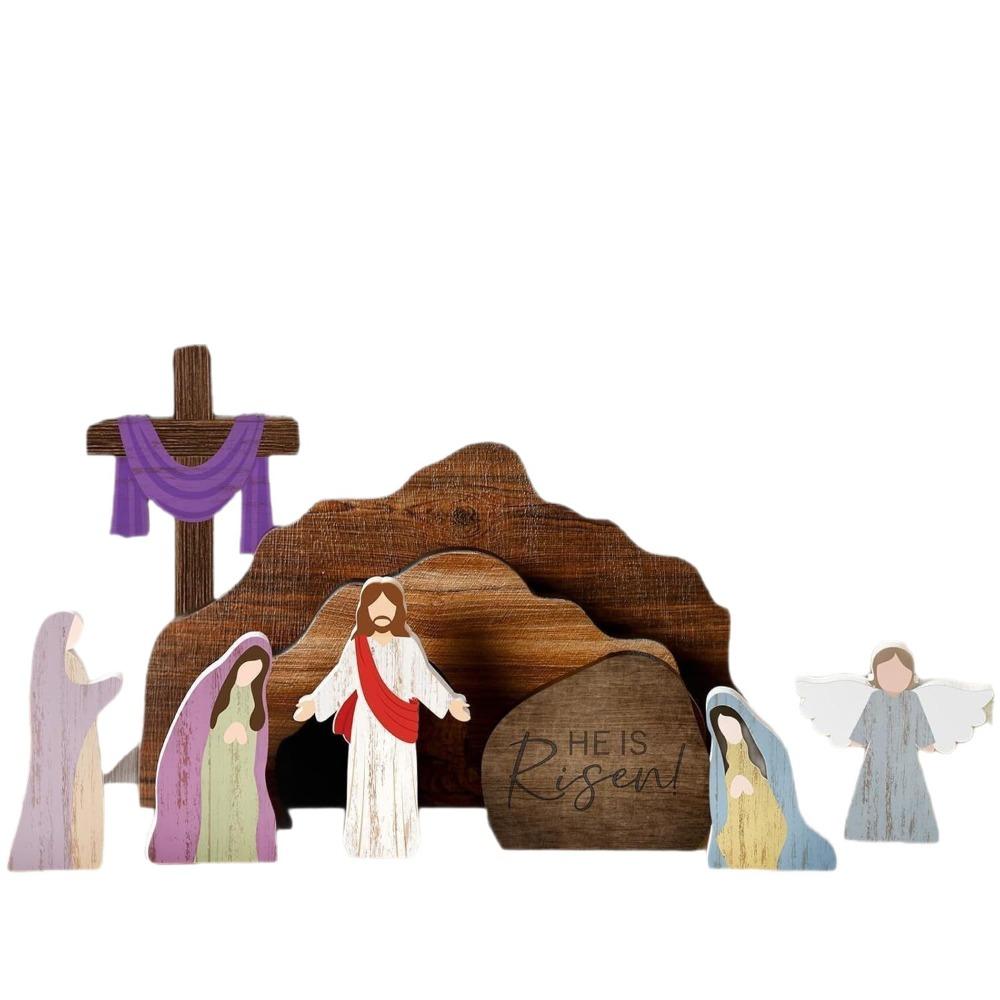 9 Pcs Rustic Style Easter Wooden Nativity Handmade Craft Lifelike Christian Decor Realistic Decorative Jesus Tomb Decor