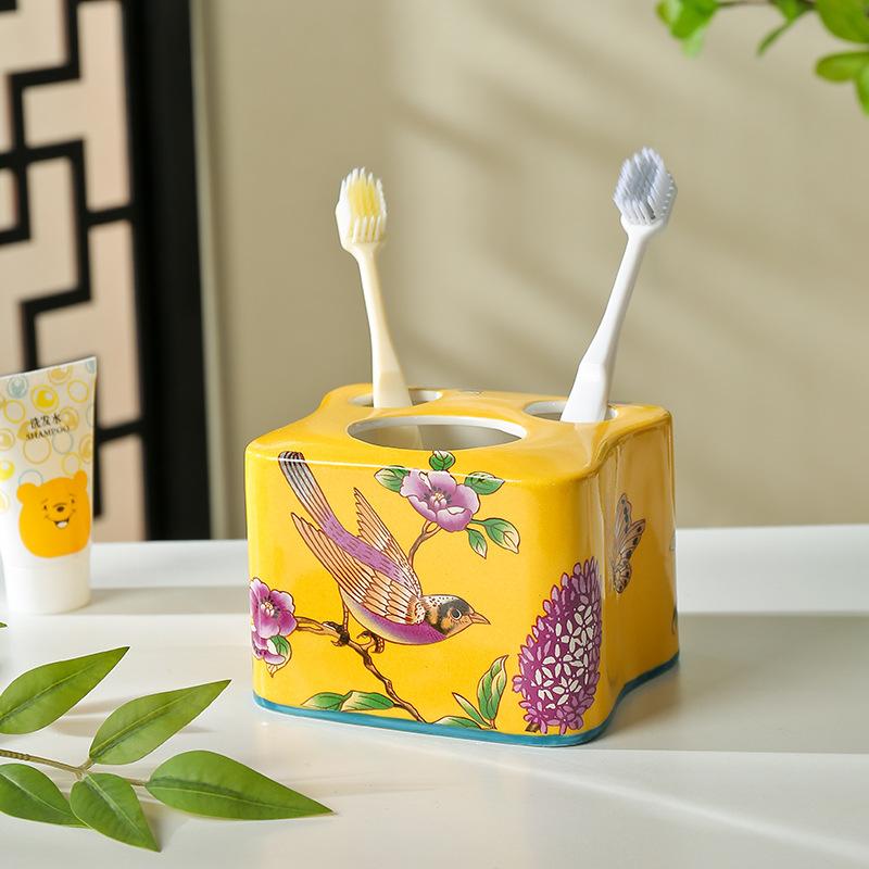 Creative Painted Floral Bird Ceramic Toothbrush Holder Artistic Three-hole Couple Toothbrush Holder Bathroom Toothpaste Storage