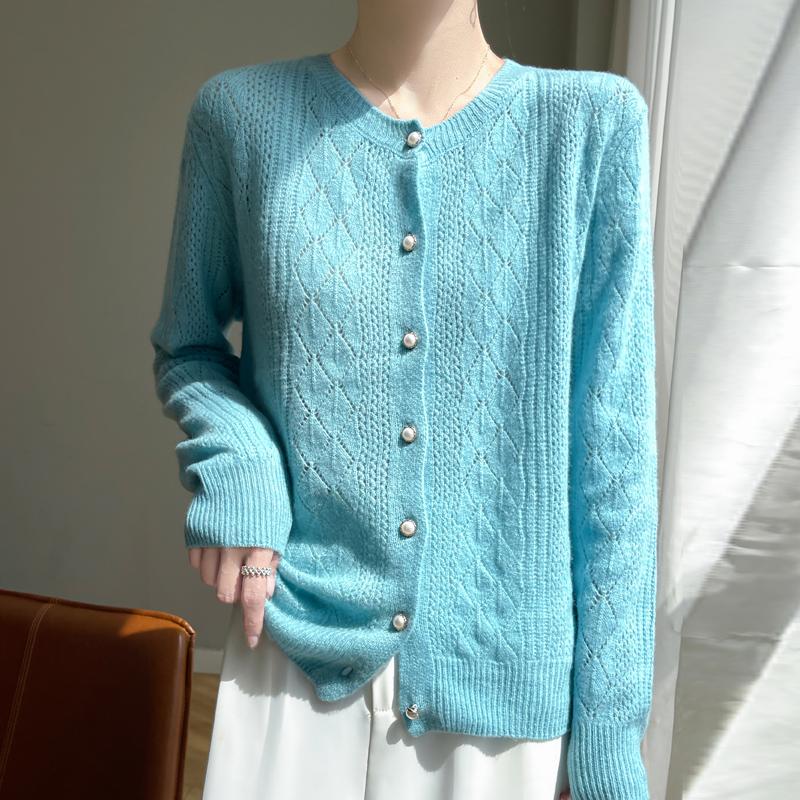Spring Autumn Fashion Women's Crewneck Sweater Pearl Buckle Hollow Long Sleeve Knitted Cardigan Women