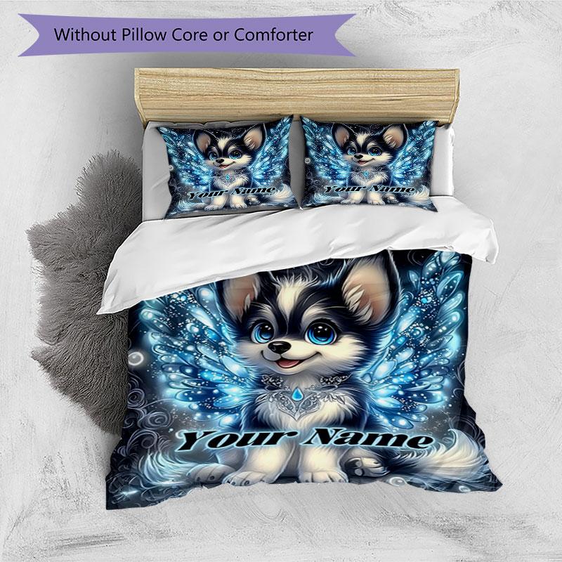 3pcs Custom Name Fantasy Puppy Wings Bedding Set Printed Bedding Set Duvet Cover Closure Includes 1 Duvet Cover & 2 Pillowcases Bedroom Decor