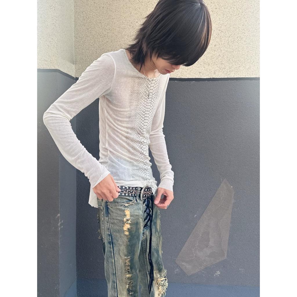 2KWEIRD Y2k Snakeskin Print T-shirt Grunge Aesthetics Long Sleeve Knitted Tops Vintage 2000s Streetwear American Retro