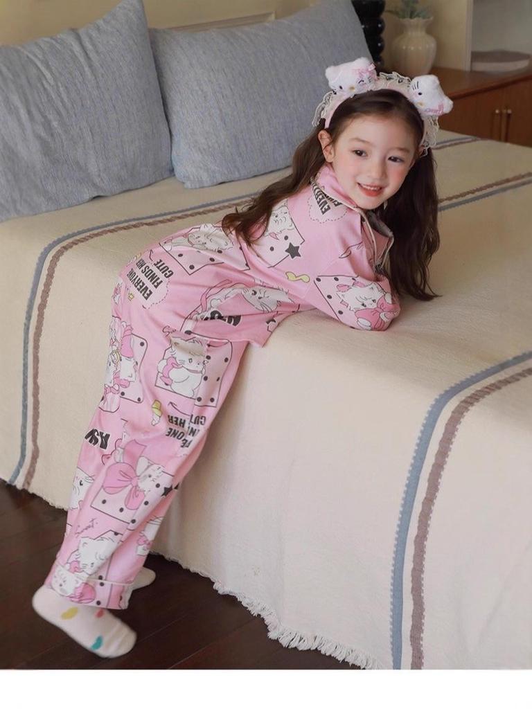 Kids' Korean Style KT Cat Pajamas - Girls' Medium/Large, Cute Cartoon Spring/Autumn Sleepwear