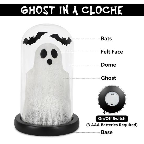 Mysterious Atmosphere Night Light Halloween Up Ghost In Dome Cloche, Cute Gothic Desktop Ornament with Bats for Home Kitchen Mantel Tabletop