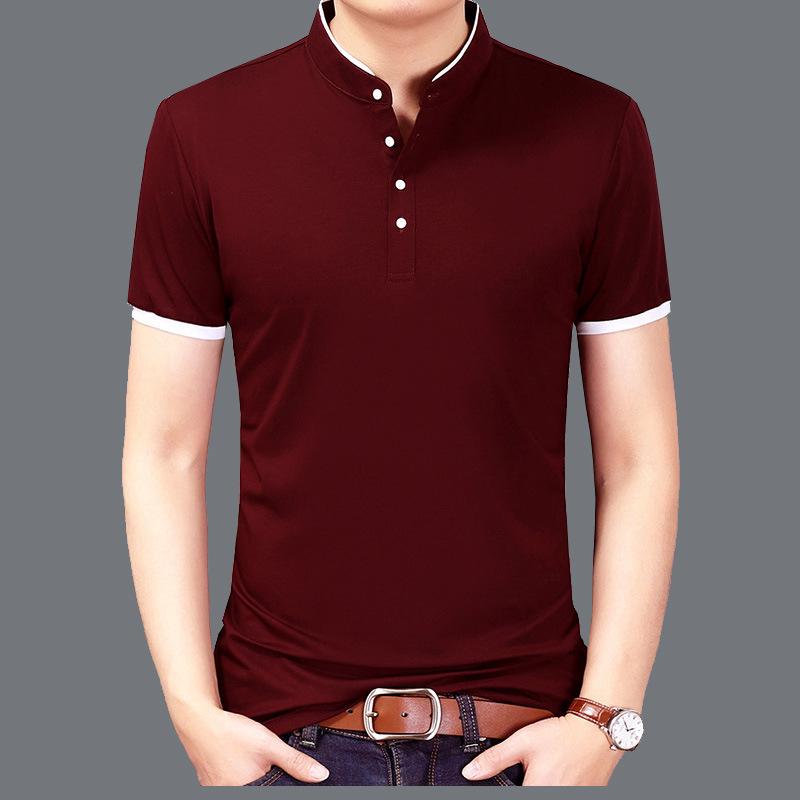 In Stock: Men's Slim Fit Combed Cotton Stand-Up Collar Short Sleeve T-Shirt - Trendy Casual D7121