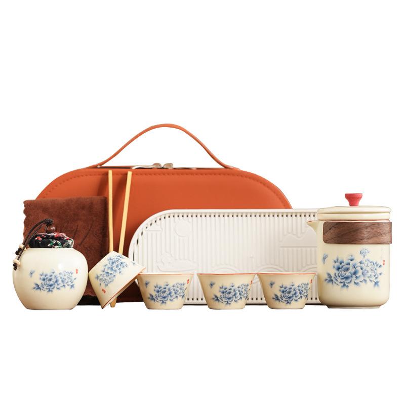Chinese Ru Kiln Ancient Rhyme Opening Kuaike Cup One Pot Three Cups Travel Tea Set Portable Business Gifts