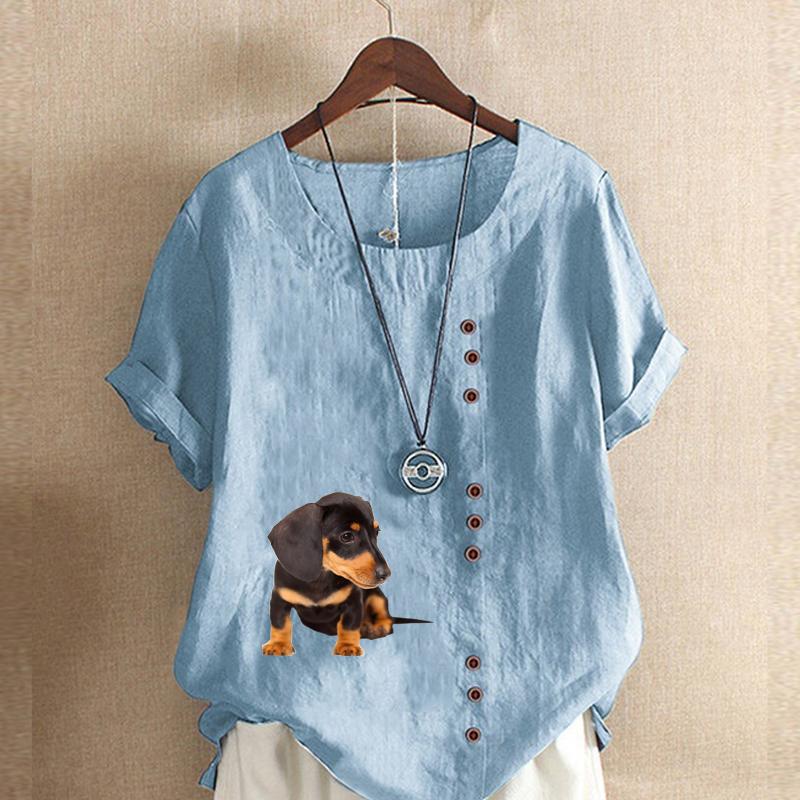 Women's New Fashion Linen Shirt Round Neck Short Sleeve Dog Printed T-shirt Summer Ladies Casual Plus Size Blouse Tops