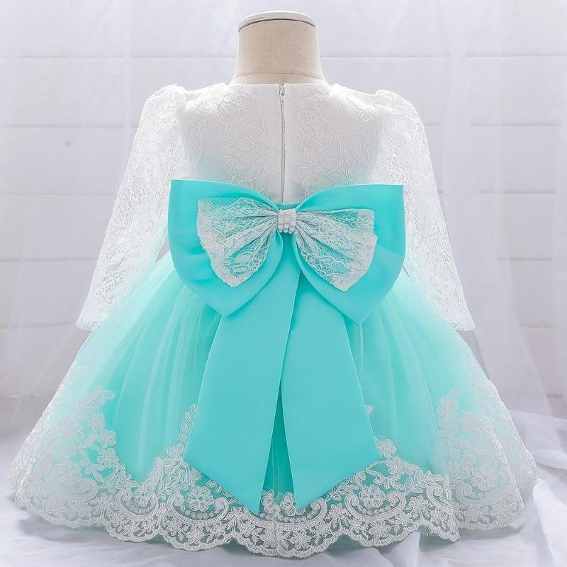 Vestidos para meninas, vestidos de festa e casamento para meninas recém-nascidas, manga comprida, vestidos de renda com laço grande, vestido de princesa para primeiro aniversário de menina