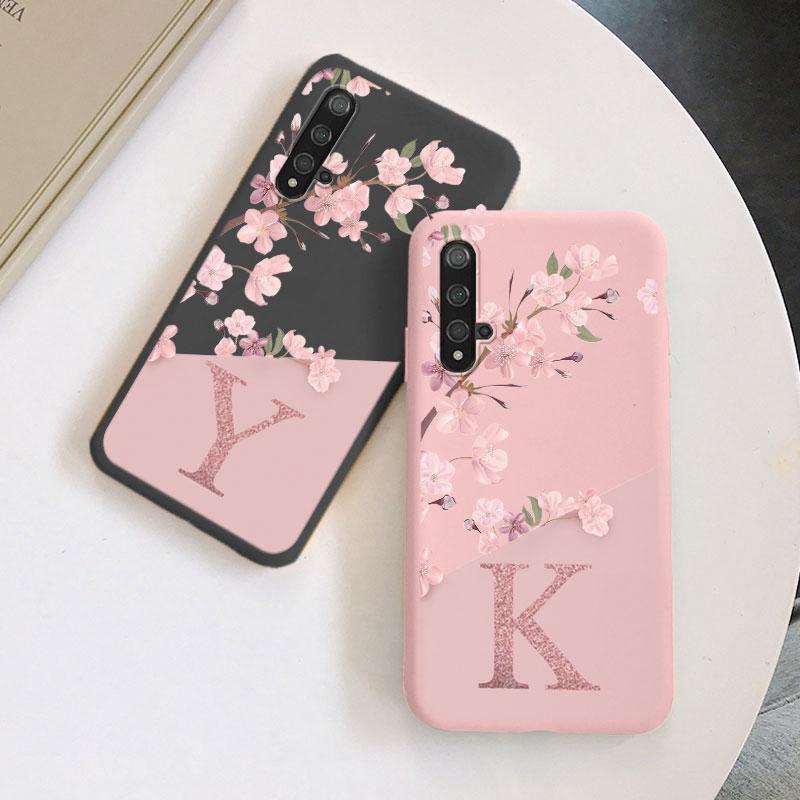 Initial Letter Silicone Case For Huawei Nova 5T Shell Retro Pink Flower Soft TPU Back Cover For Huawei Nova5T Capa Cute Coque