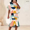 Women Plus Size Round Neck Batwing Sleeve Printed Ruffle Hem Top Fishtail Skirt Two Piece Set