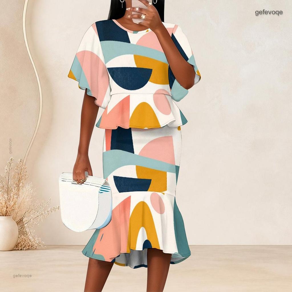 Women Plus Size Round Neck Batwing Sleeve Printed Ruffle Hem Top Fishtail Skirt Two Piece Set