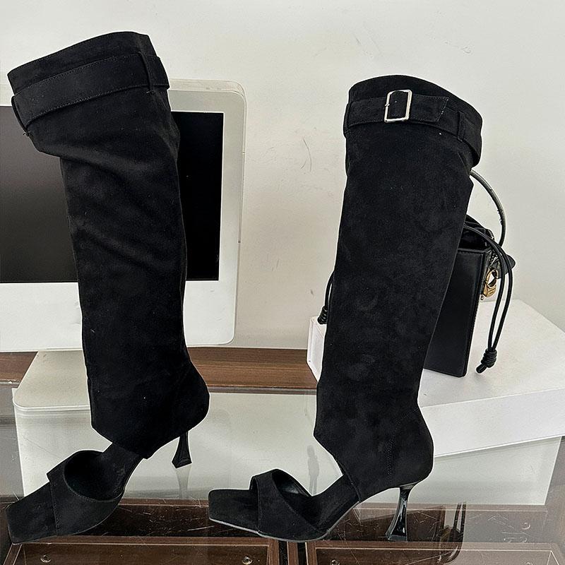 

Мода Мода Флок Женские Сапоги до Колена на Тонком Каблуке Обувь Женская С Открытым Носком Обувь Квадратный Носок Женские Босоножки на Каблуке Сапоги Обувь 35 чёрный