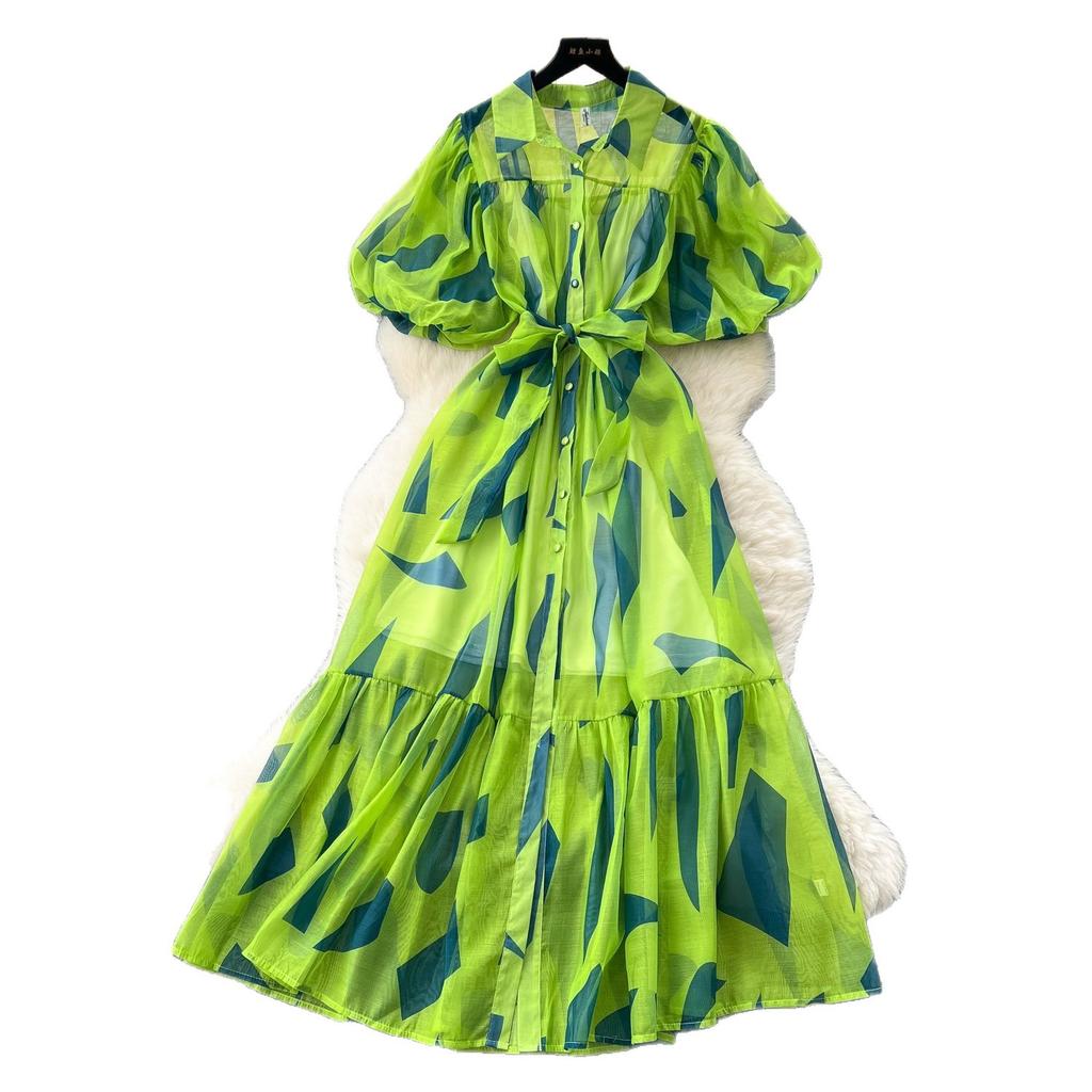Court style niche high-end bubble sleeve shirt dress women's French strap waist print pendulum long skirt