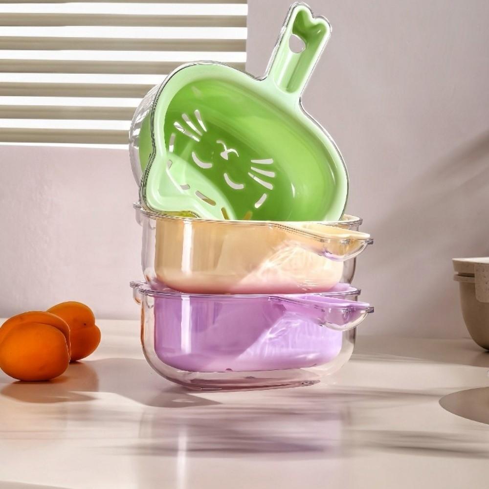 2-IN-1 Fruit Washing Drain Basket Cat Shape Fruit Clean Colander  Kitchen Use
