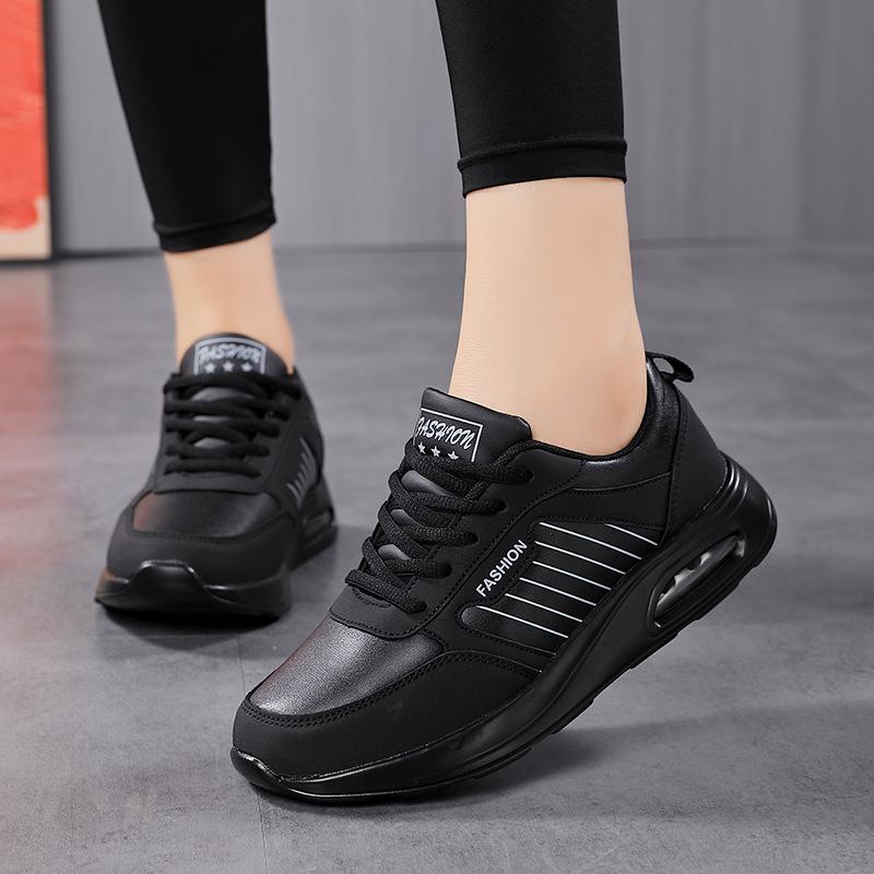 Women's Autumn Leather Sneakers Black Casual Shoes Woman Lace Up Flats Lightweight Anti-slip Black Running Shoes Outdoor Sports