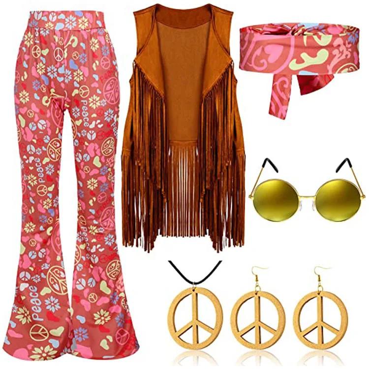 Women Peace Love Girls Hip Indian Retro Hippie Disco 60s 70s Cosplay Costume Tassels Vest Pants Cardigan Halloween Stage Party