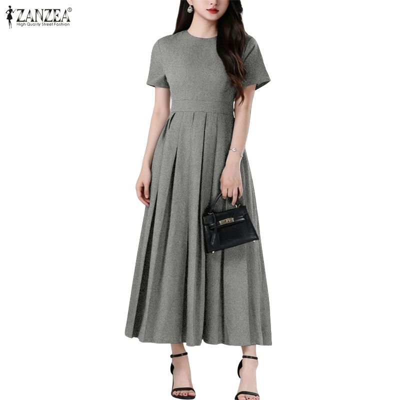ZANZEA Damen Lässig Rundhals Sommer Kurzarm Elegantes Kleid