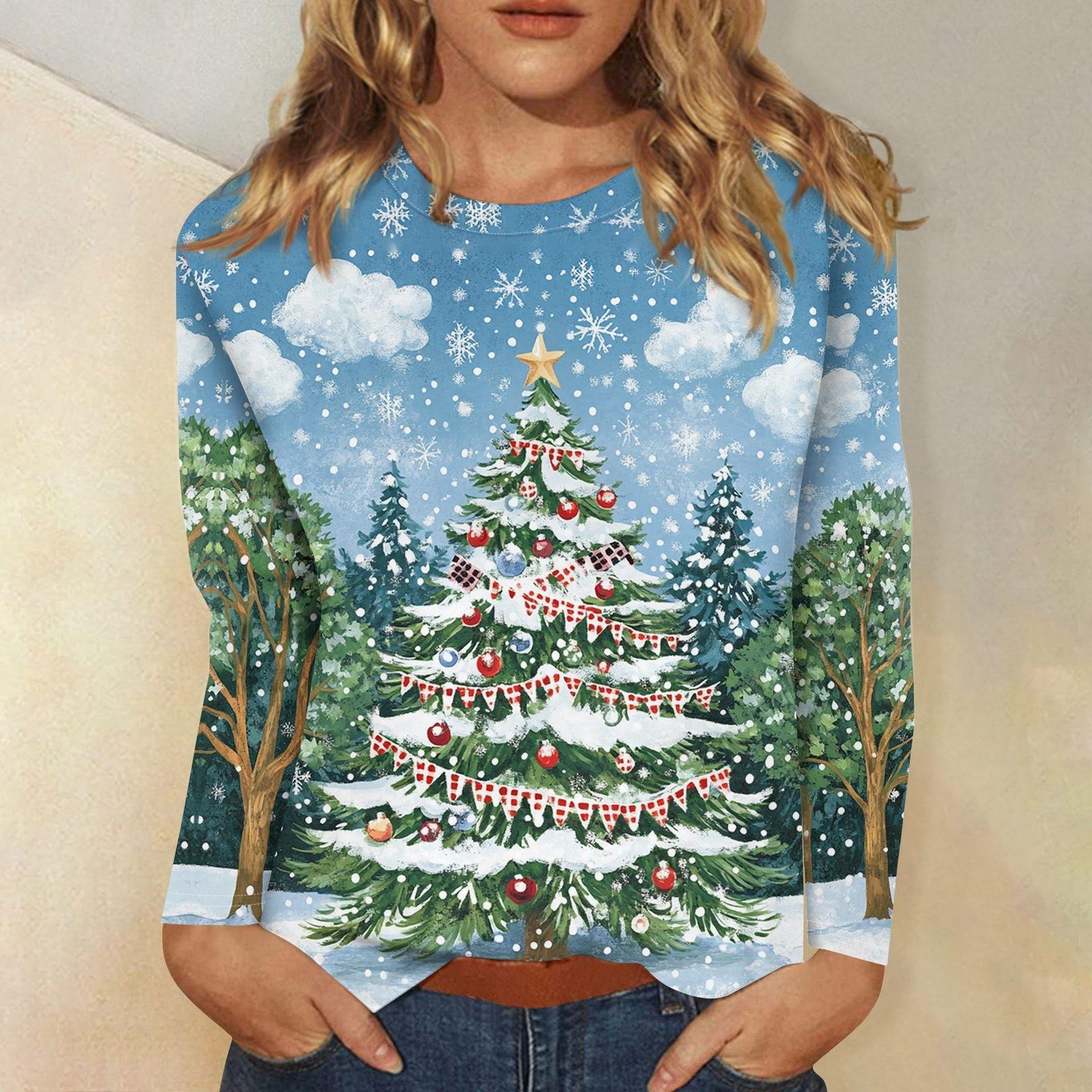 

Рубашки с длинным рукавом для женщин Милые принты Футболки Блузки Повседневные Большие размеры Базовые топы Пуловеры Рождественские XL небесно-голубой