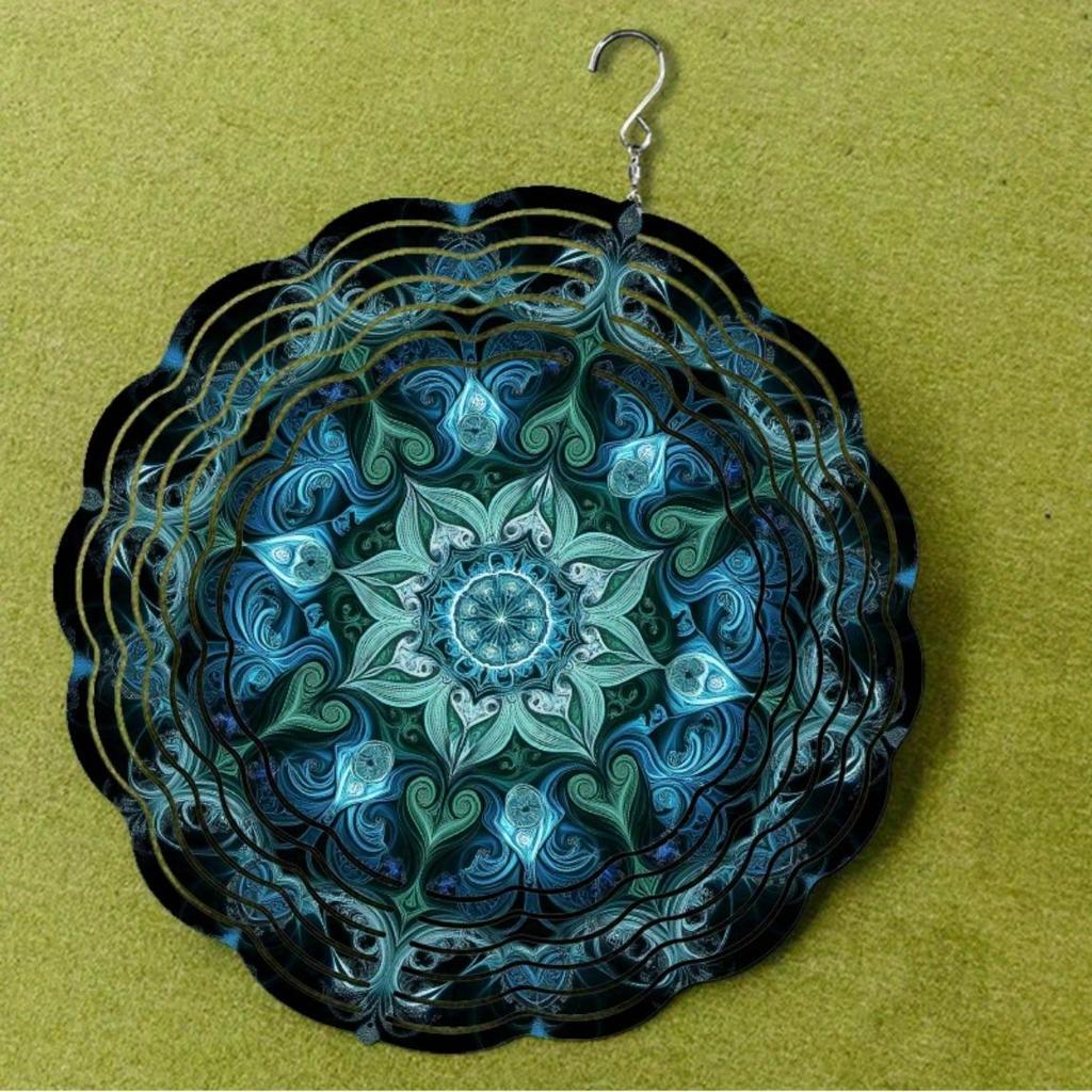 Vibrant Blue Green Geometric Wind Chime 10 Inch Outdoor Metal Garden Sculpture with Intricate Patterns Ideal for Spring Summer Fall Winter Decor