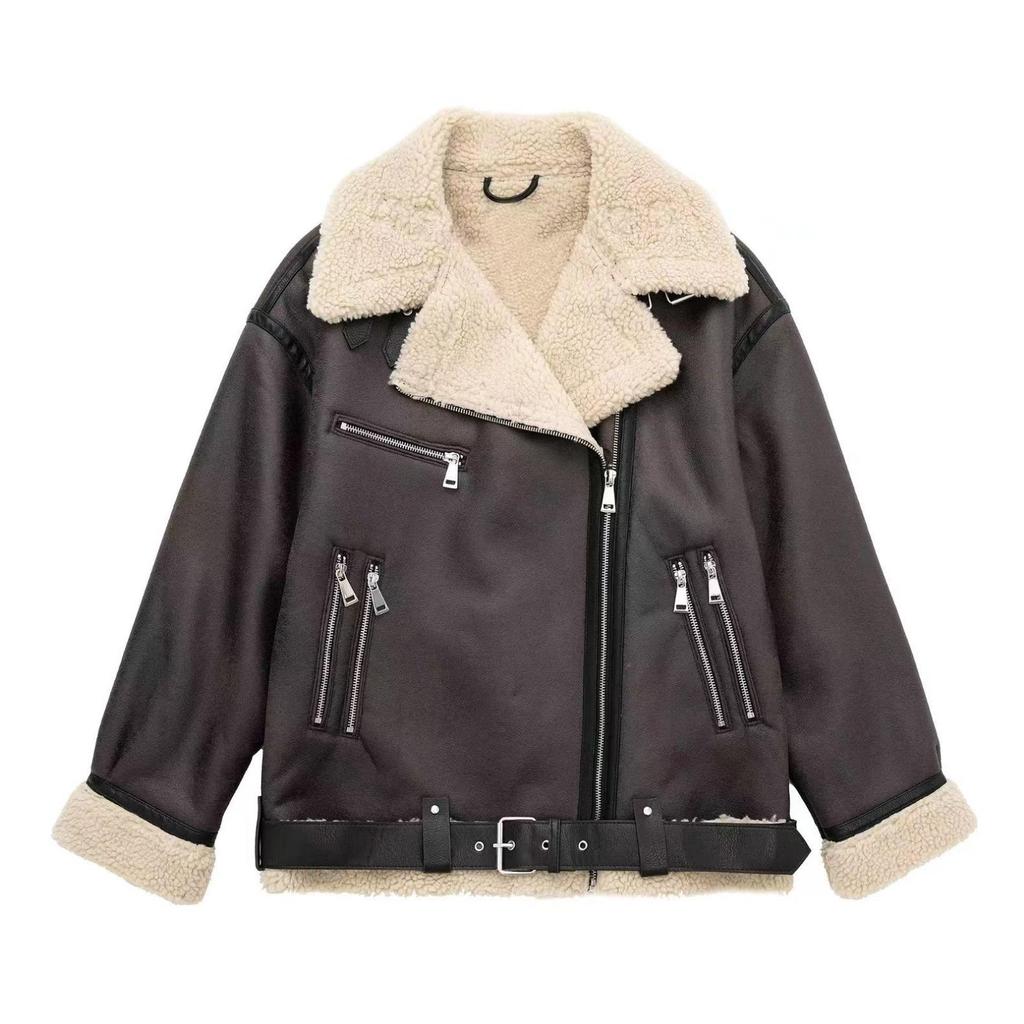 2024 Autumn/Winter European-American Cross-Border Belted Zipper Leather & Fur One-Piece Jacket