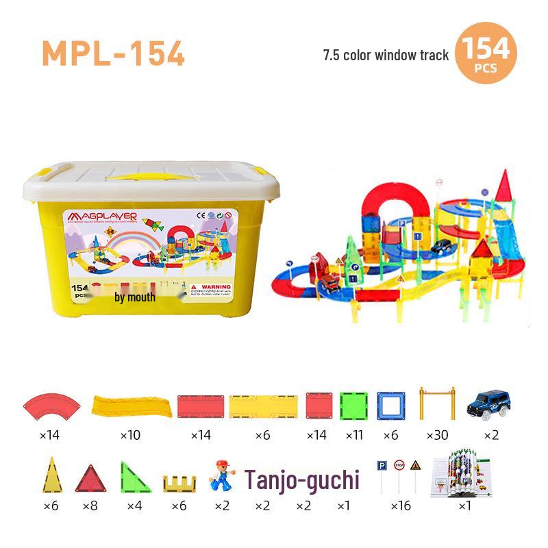 Cross-Border Magnetic Tiles: Colorful Large Window Building Blocks with Pipe Rolling Ball for Kids