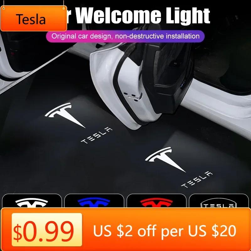 Car Sticker Tesla 2Pcs Car Door Projector LED Logo Welcome Lights Shadow Decoration Lamp for Tesla Model 3 Y Model X S Accessori