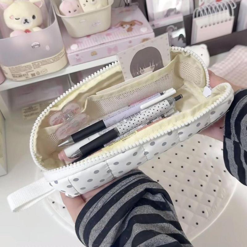 White Padded Polka Dot Pencil Case Large Storage Cute Design Perfect For Students School Stationery Organization