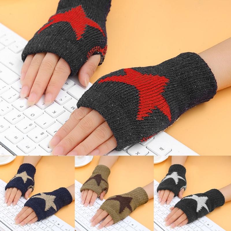 Knitted Gloves for Adult Touch Screen Mittens Male Female Winter Gloves with Pentagram Pattern Fingerless Gloves