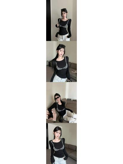 Elegant Sequin Long-Sleeve T-Shirt for Women - Chic Korean-Style Winter Top