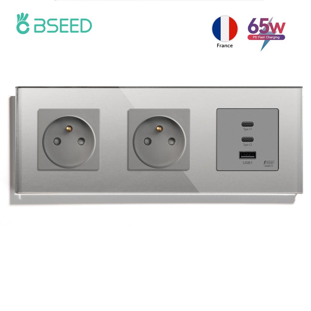 BSEED French Wall Socket 65W Double Type-c USB Sockets Super Fast Charging Ports Electric Power Outlets Crystal Glass Frames