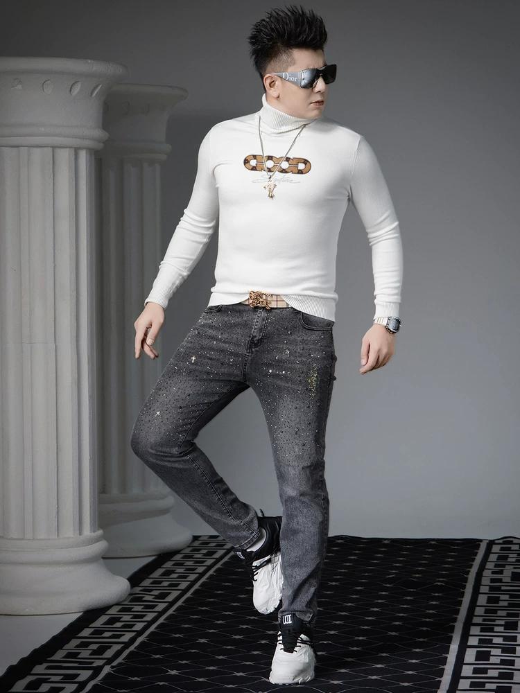 Ozhouzhan Autumn and Winter Turtleneck sweater Men's Trendy Print Warm Sweater Casual Inner wear Knitted Bottoming Shirt