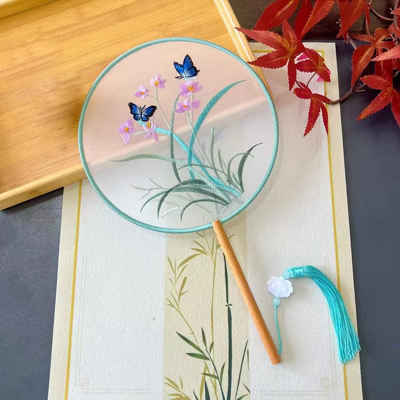 Vintage Doppelseitiger Fächer Blume Stickerei Handfächer Traditionelle Chinesische Kunst Handwerk Hanfu Tanzparty Zubehör Performance Requisiten