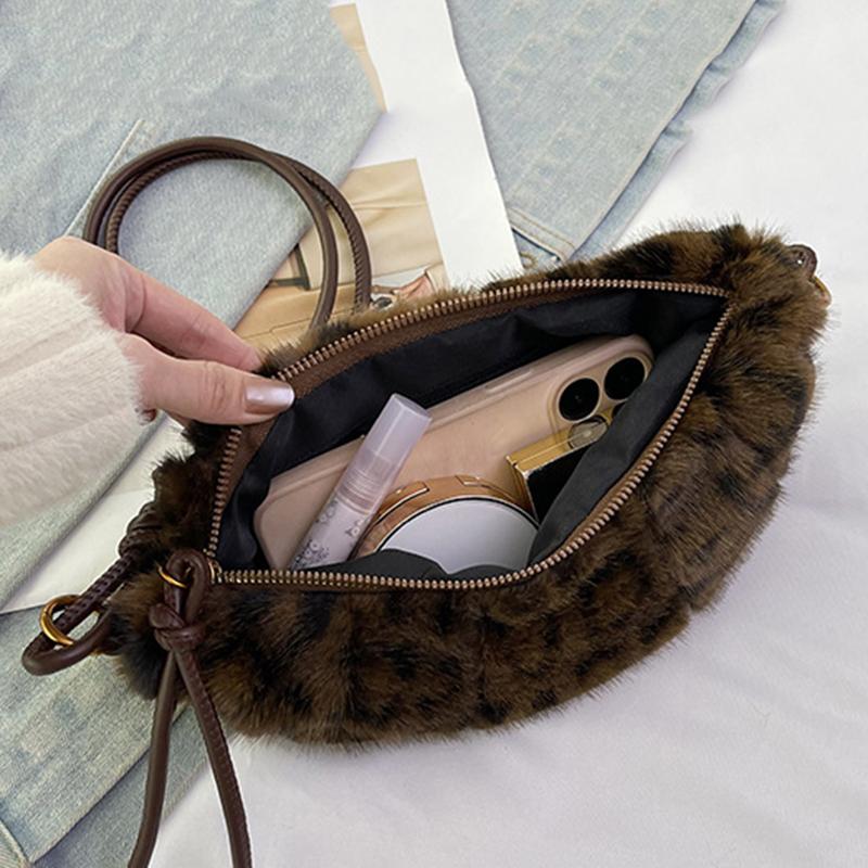 Leopard Print Faux Fur Shoulder Bag Vintage Women Plush Warm  Adjustable Strap Crossbody Bag CLE