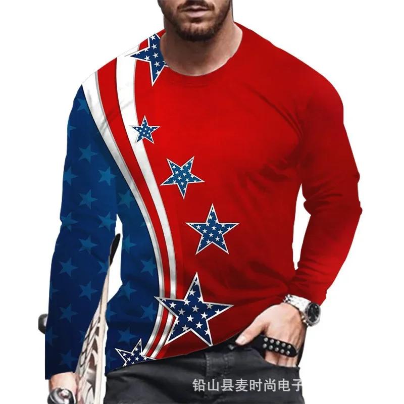 Herren Langarm-T-Shirt mit amerikanischem Flaggen-Print, Stilvolles Lässiges Tägliches Outfit