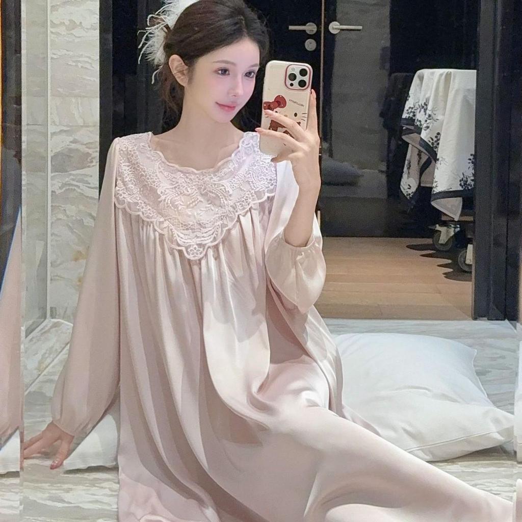 2026 French High-End Lace Cutout Long Sleeve Ice Silk Sleep Dress for Women