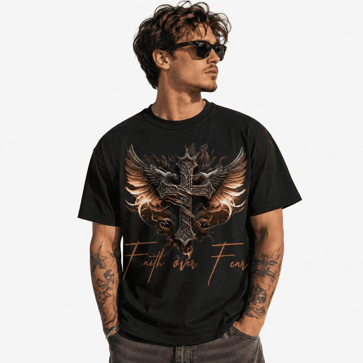 Faith Over Fear Cross T-Shirt | Gothic Winged Celtic Cross Graphic Tee L