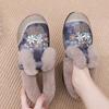 Fashion Women's Winter New Low Top Embroidered Cotton Shoes Round Toe Slip On Flat Sole Plush Warm Ethnic Style Elderly Cotton Shoes