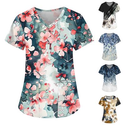 Women's Fashion V-neck Short Sleeve Workwear With Pockets Printed Tops