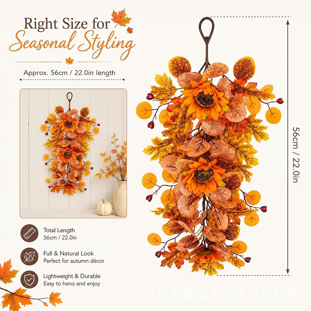 16cm Autumn Artificial Sunflower Door Hanging Wreath Harvest Style Faux Maple Eucalyptus Leave Shaped Berries  Fall Wall Decor