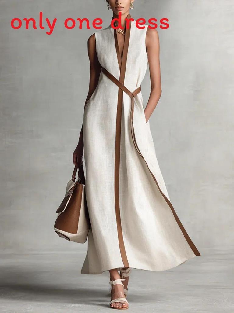 Spring 2026 Polyester Spliced Sleeveless Dress With Deep V Neck For Casual Wear